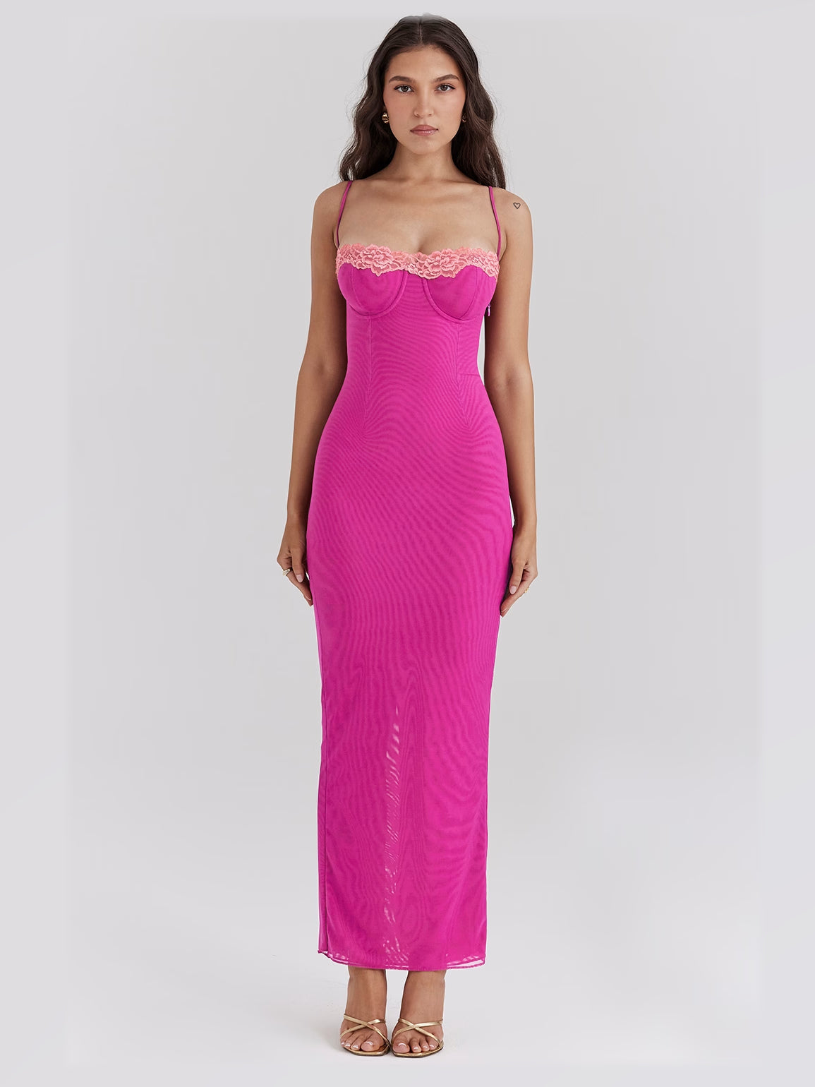 Hot Pink maxi formal dress, front full-length view showing the neckline