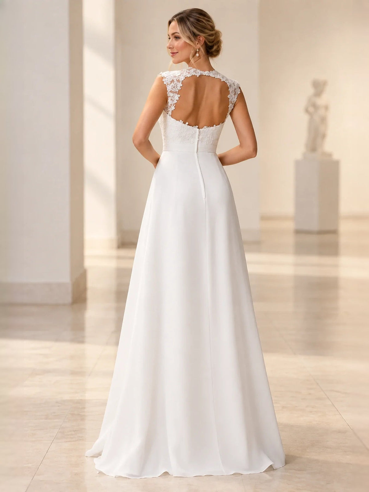 White satin A-line wedding dress with lace illusion back and sweetheart bodice