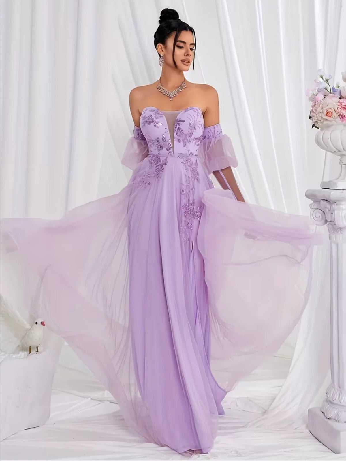 Lilac embroidered off-shoulder A-line maxi prom dress with floral bodice, tulle sleeves