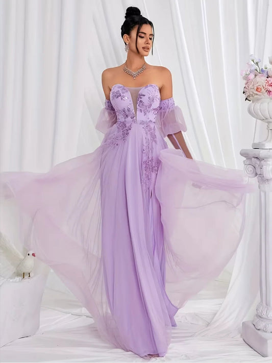 Lilac embroidered off-shoulder A-line maxi prom dress with floral bodice, tulle sleeves