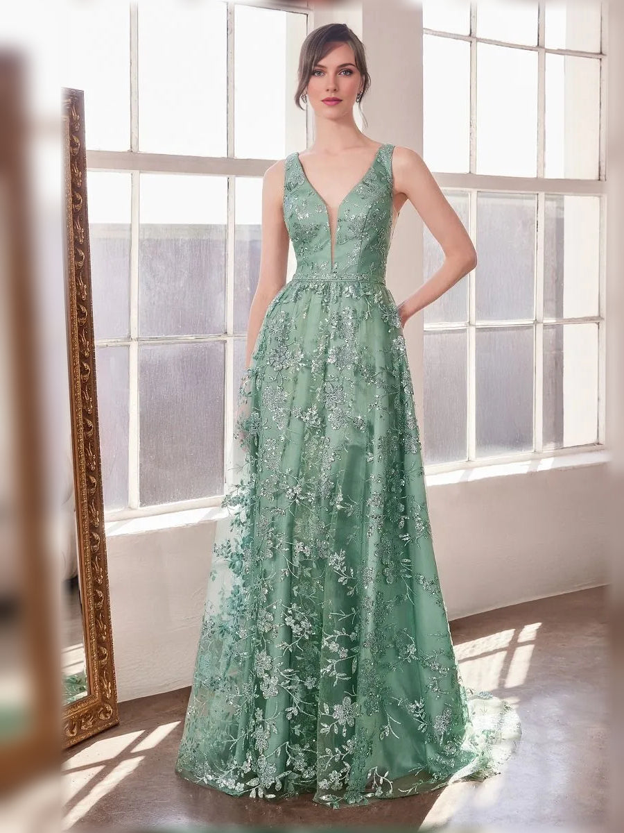 Floral V-neck A-line formal dress in dusty sage green with sleeveless bodice