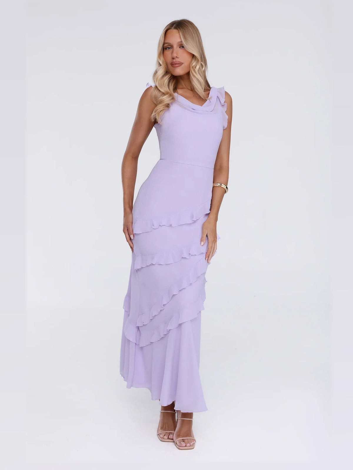 Lavender midi formal dress, front full-length view showing the neckline