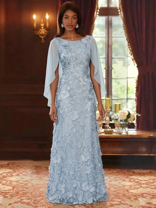 Sky blue floral lace A-line maxi dress with round neck and draped chiffon sleeves