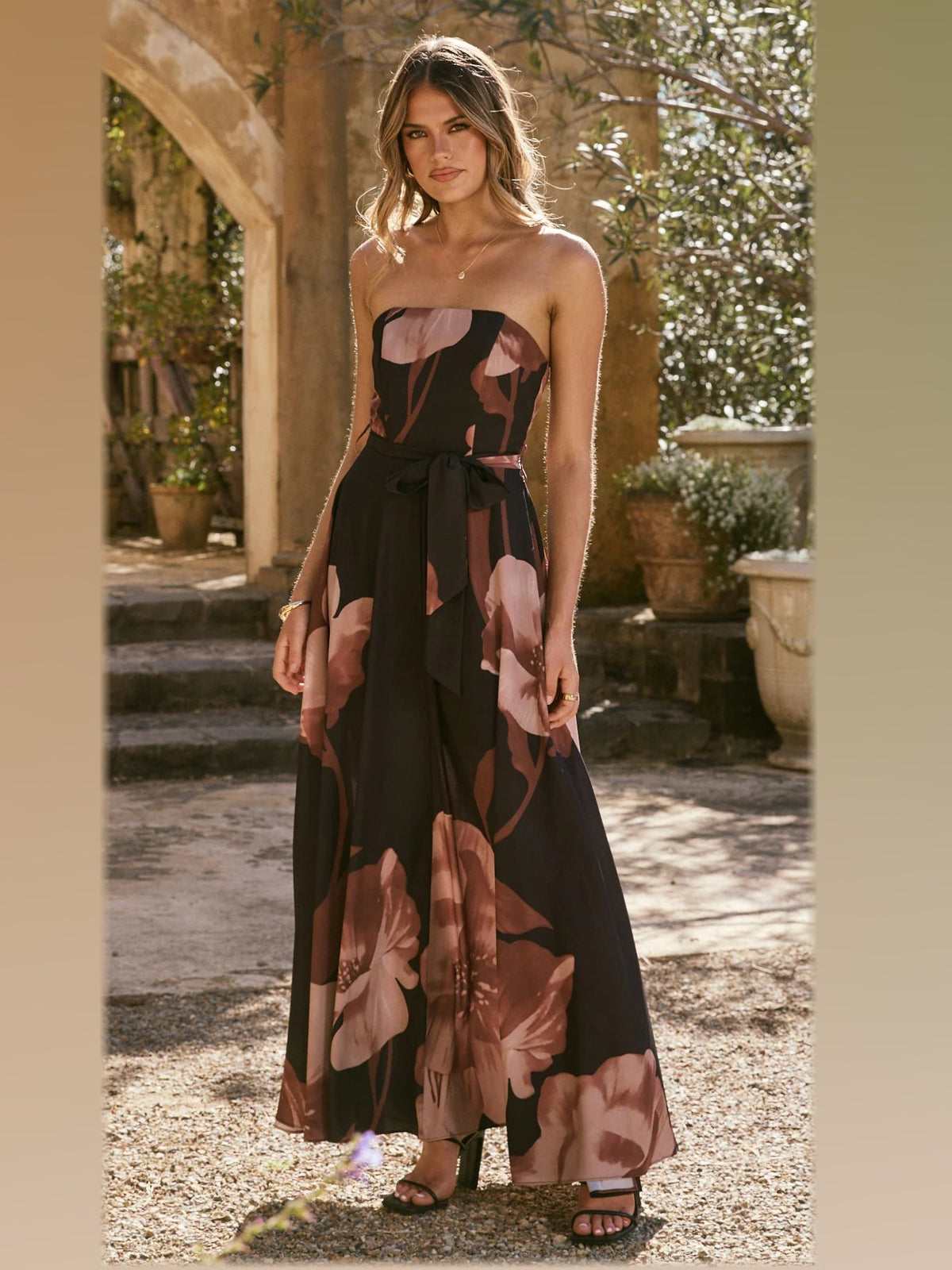 Black Wine Floral maxi formal dress, front full-length view showing the neckline