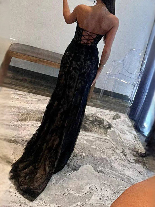 Black lace corset sweetheart mermaid gown with open back crisscross straps