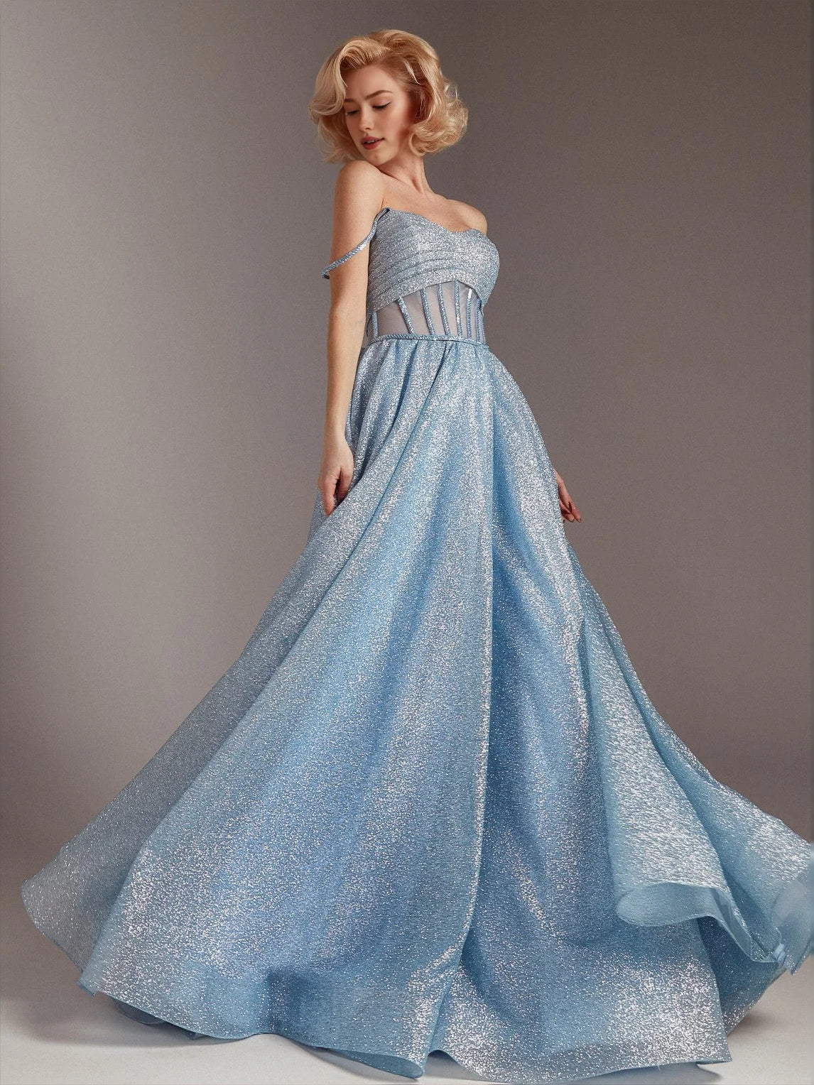 Light blue glitter off-shoulder corset A-line prom dress, floor length