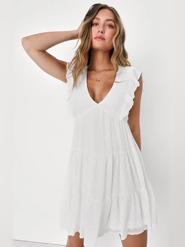 White V-neck tiered mini dress with ruffle-trim cap sleeves
