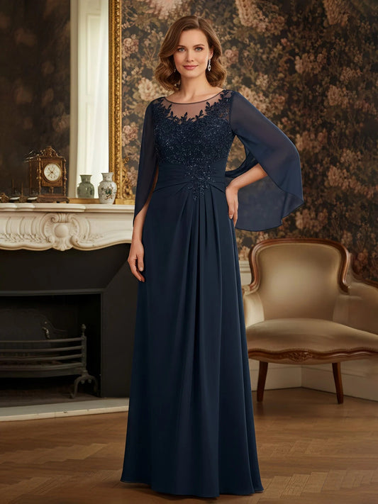 Dark navy sequin illusion-neck A-line maxi dress with sheer sleeves