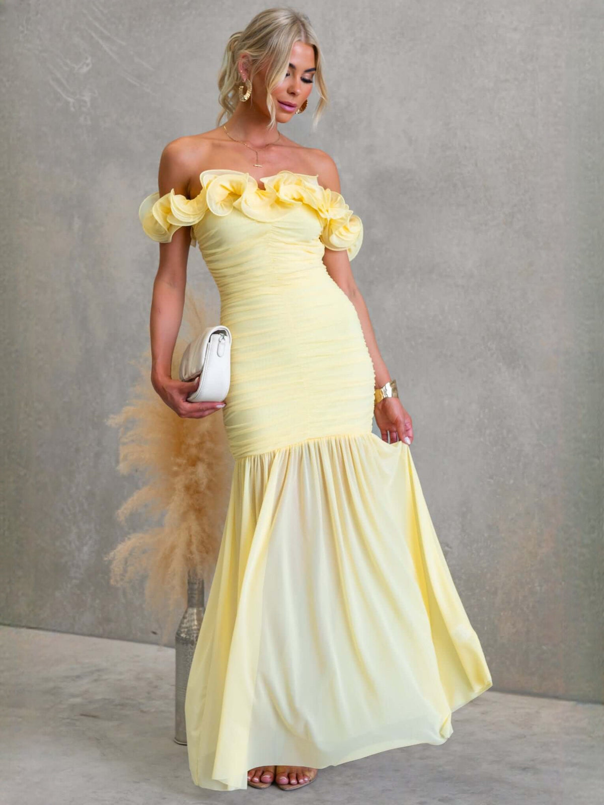 Butter Yellow fit-and-flare maxi formal dress with off-the-shoulder neckline, full-length front view
