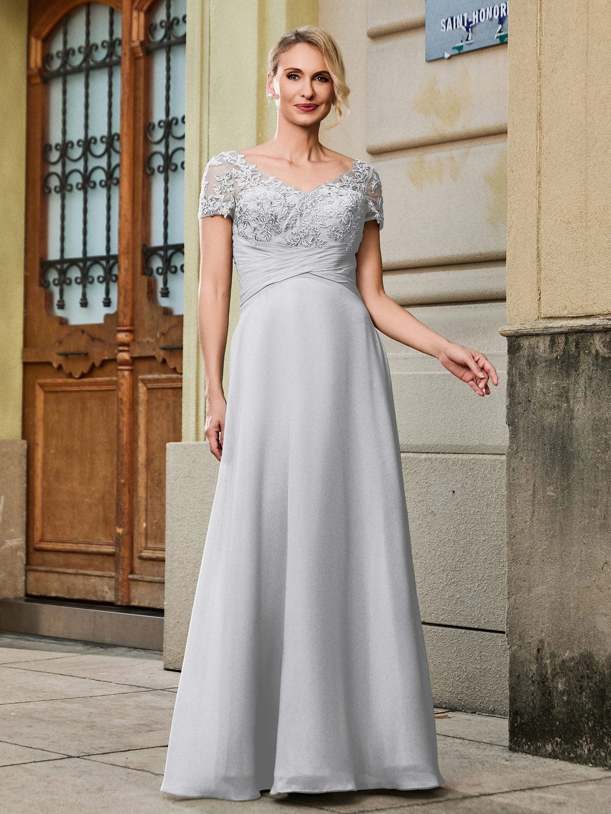 Silver V-neck A-line midi formal dress with short sleeves and lace bodice