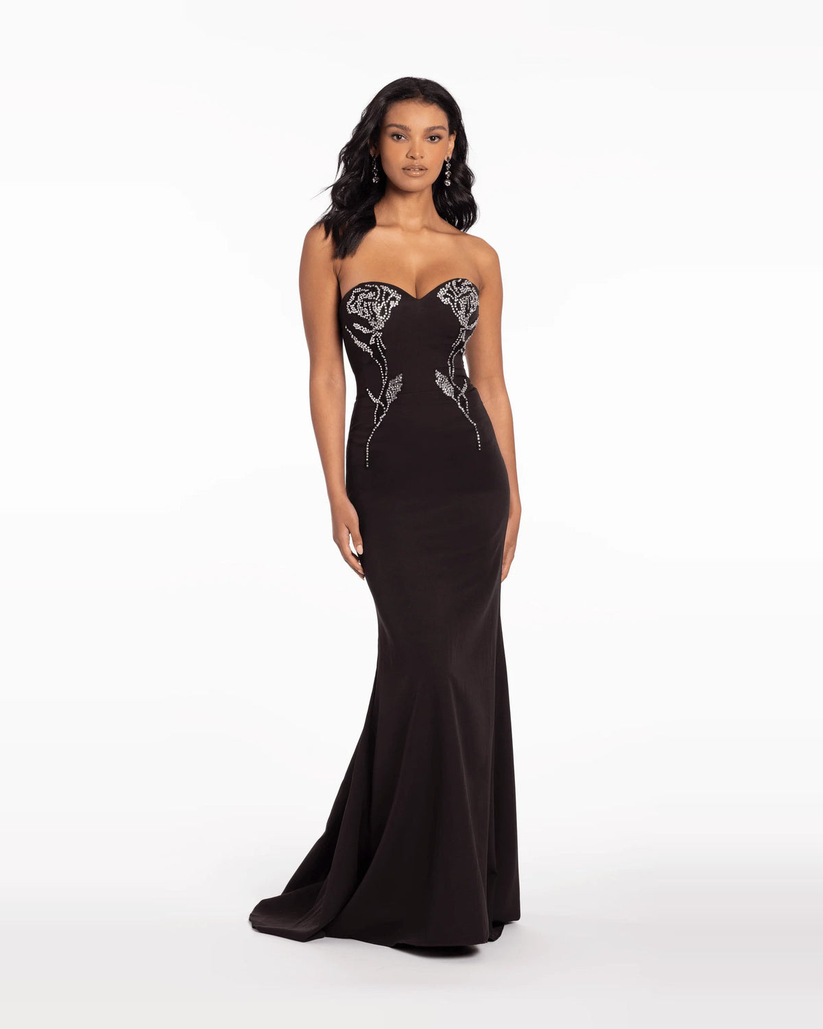 Black strapless maxi prom dress with rhinestone sweetheart bodice