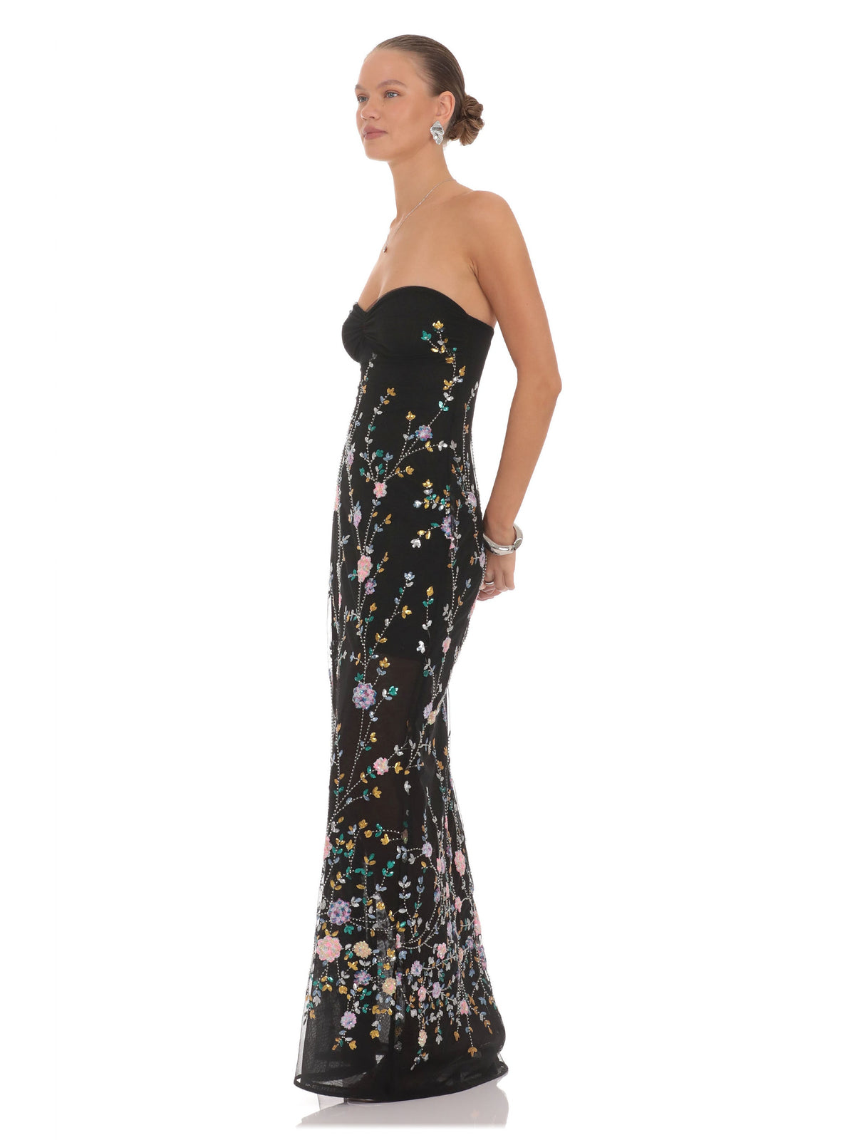 Black bridesmaid dress with a-line silhouette and maxi length
