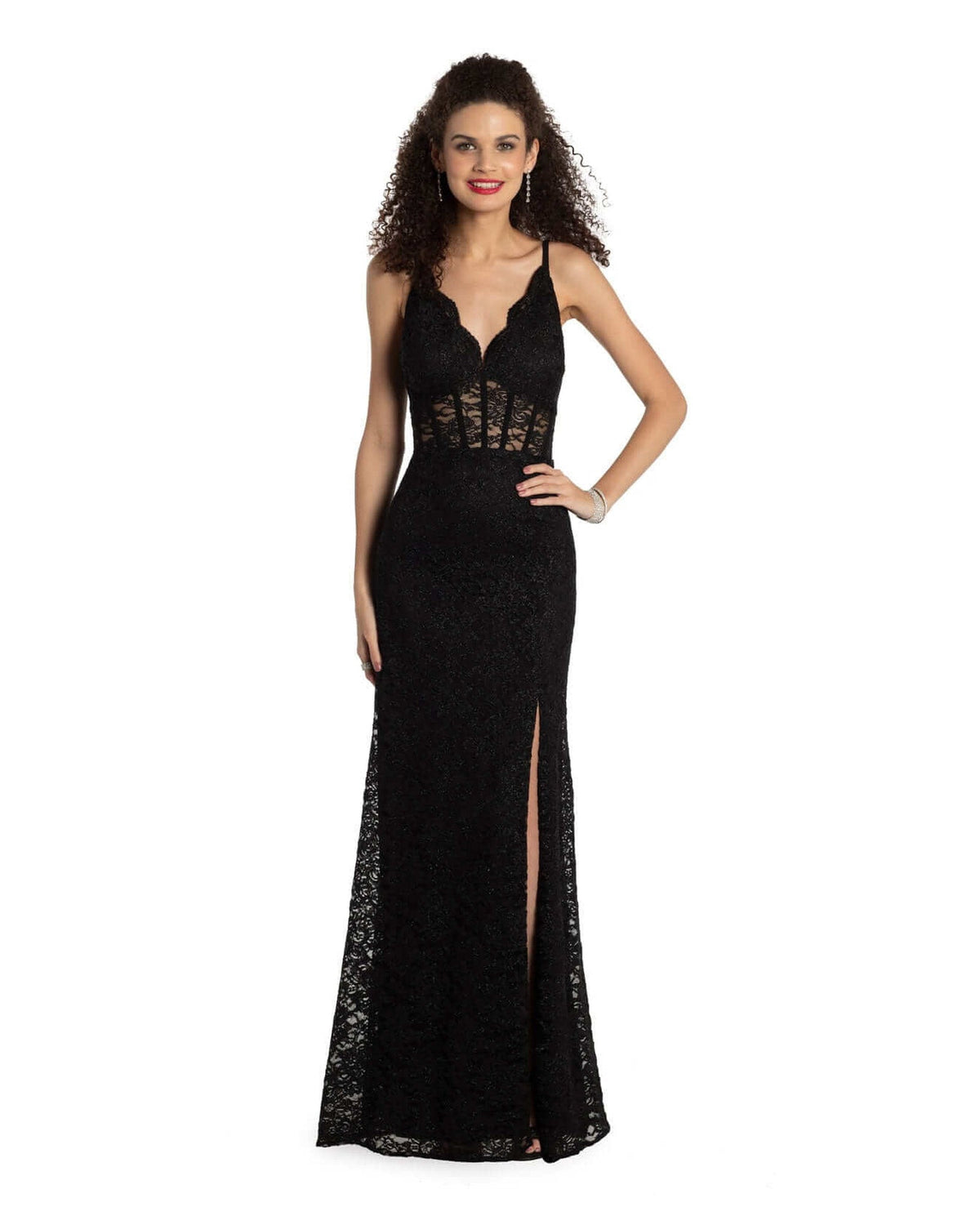 Black sleeveless V-neck corset maxi dress, column silhouette with side slit