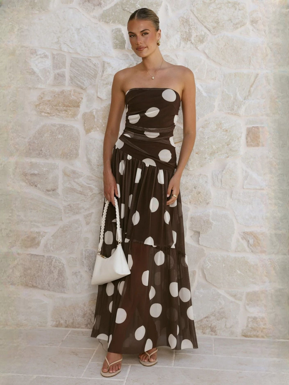 Chocolate White Polka Dot a-line maxi formal dress with strapless neckline, full-length front view