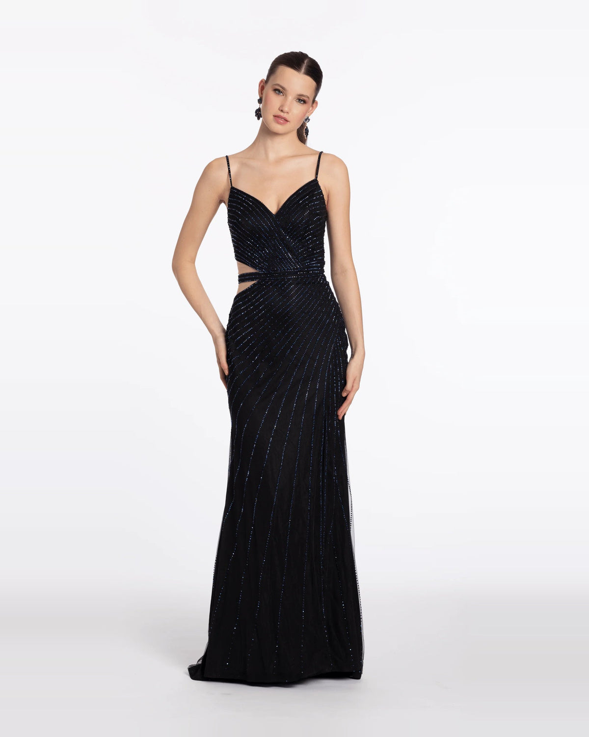 Sparkly black sweetheart column maxi dress with thin straps and side slit