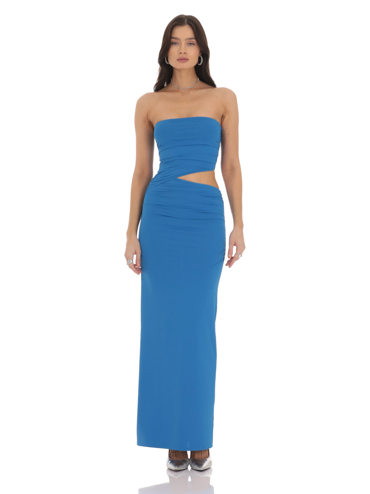 Blue bridesmaid dress with a-line silhouette and maxi length