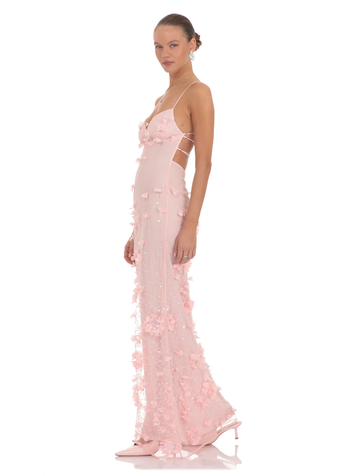 Blush Pink bridesmaid dress with a-line silhouette and maxi length