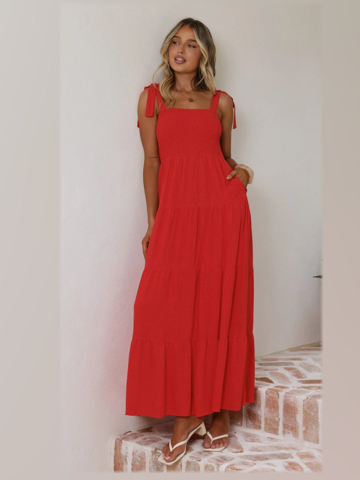 Red maxi formal dress, front full-length view showing the neckline