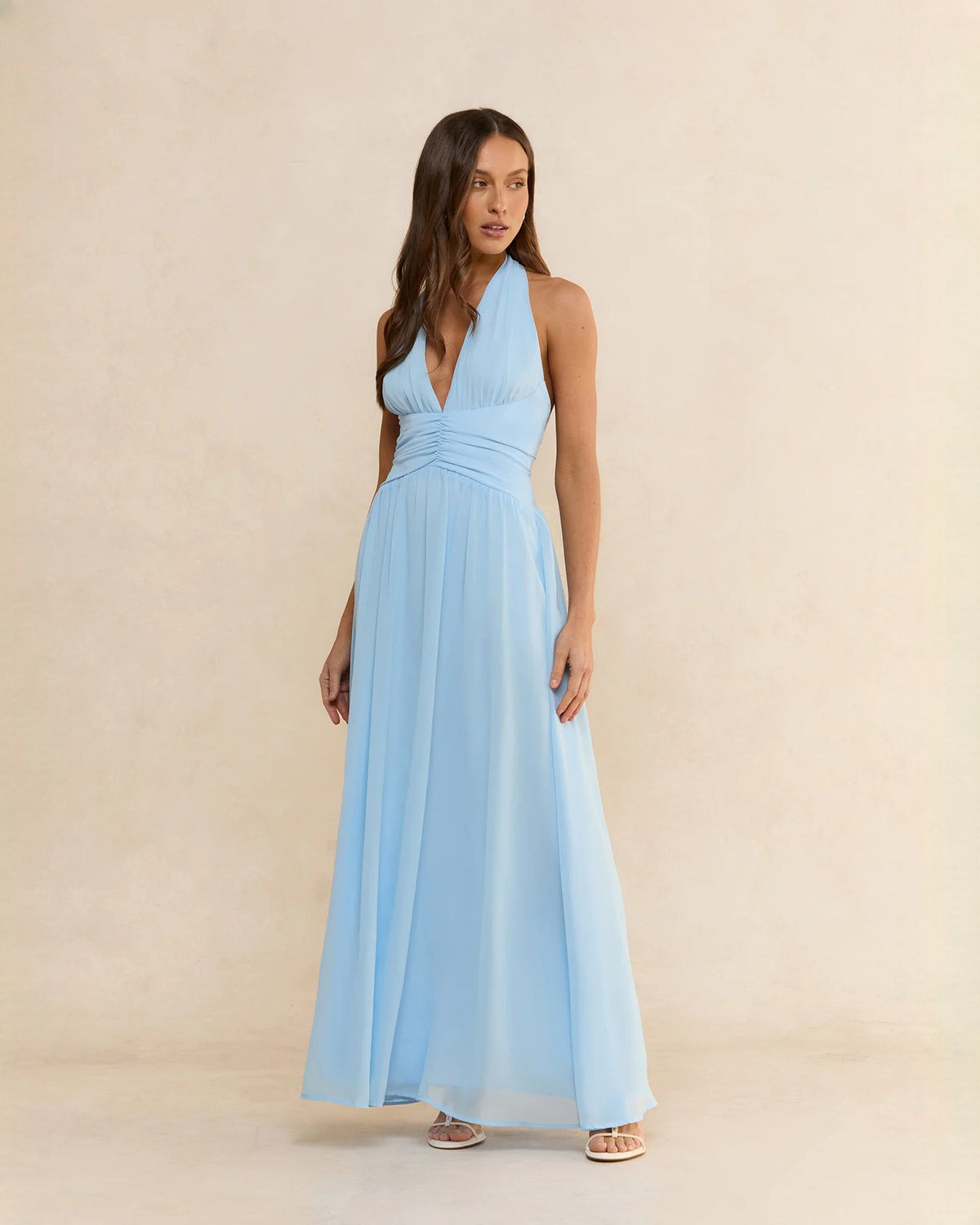 Light blue chiffon halter A-line maxi dress with ruched waist and pleated skirt