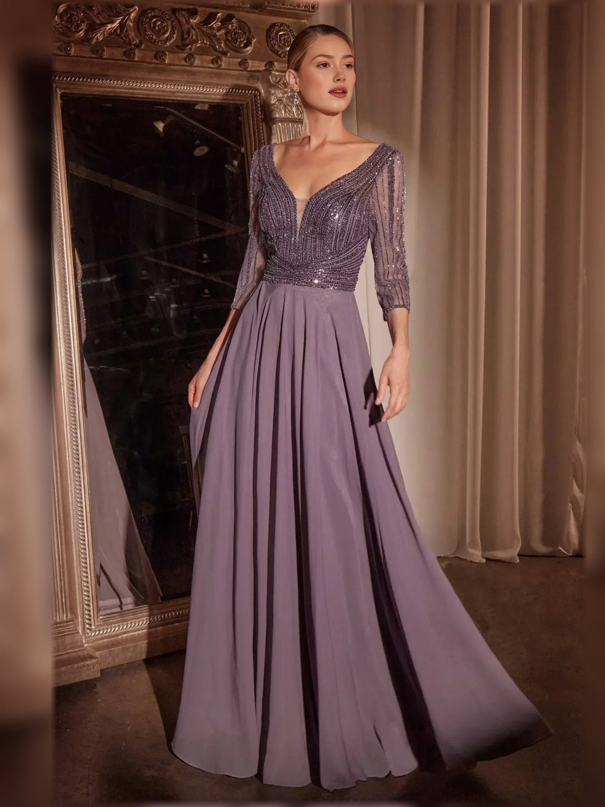 Wisteria V-neck chiffon A-line formal dress with silver beaded bodice, 3/4 sleeves