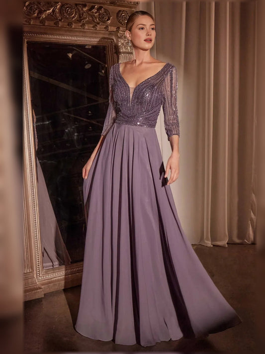 Wisteria V-neck chiffon A-line formal dress with silver beaded bodice, 3/4 sleeves