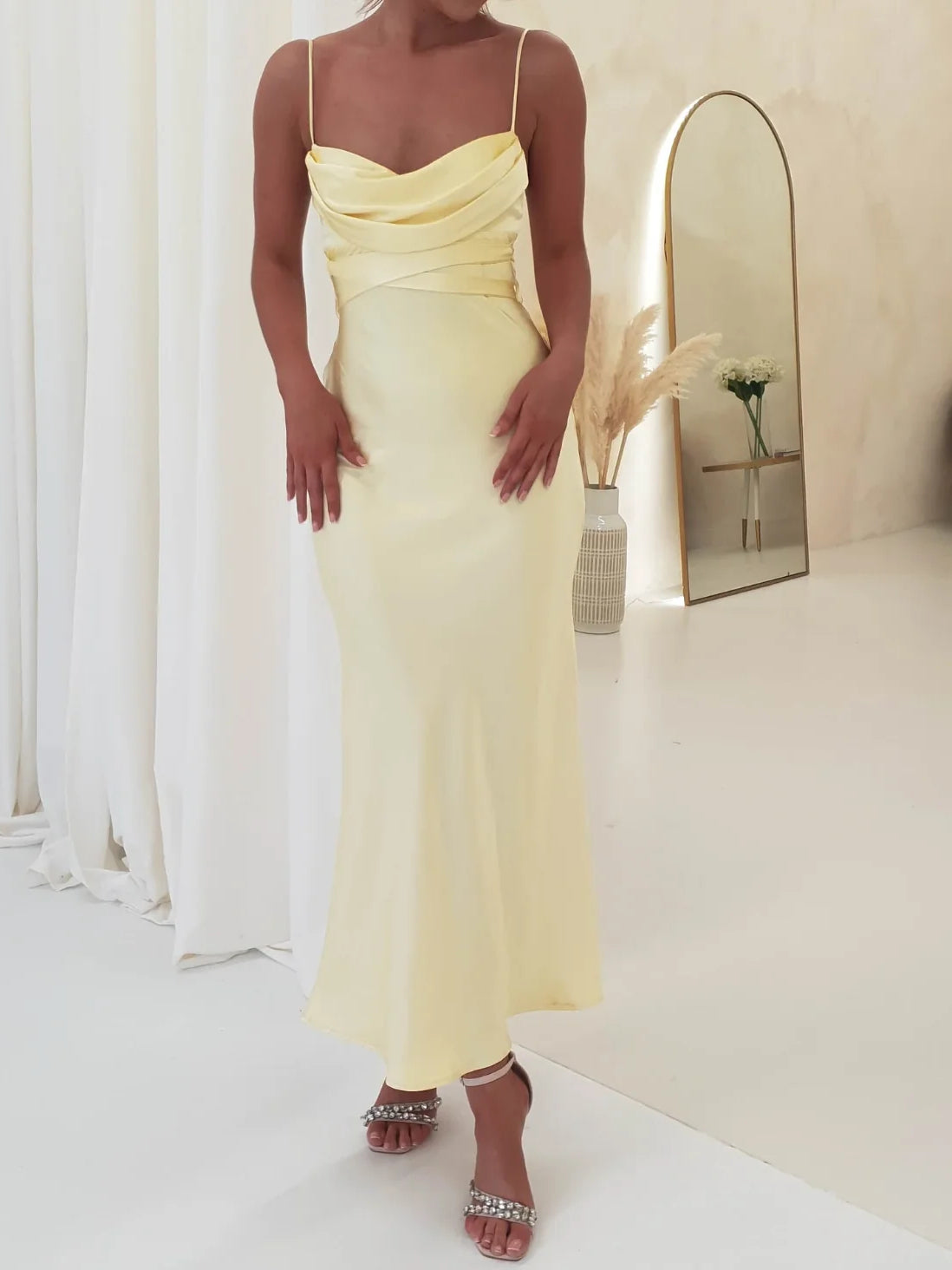 Yellow satin mermaid dress with V-neck, ruched bodice, spaghetti straps, ankle-length hem