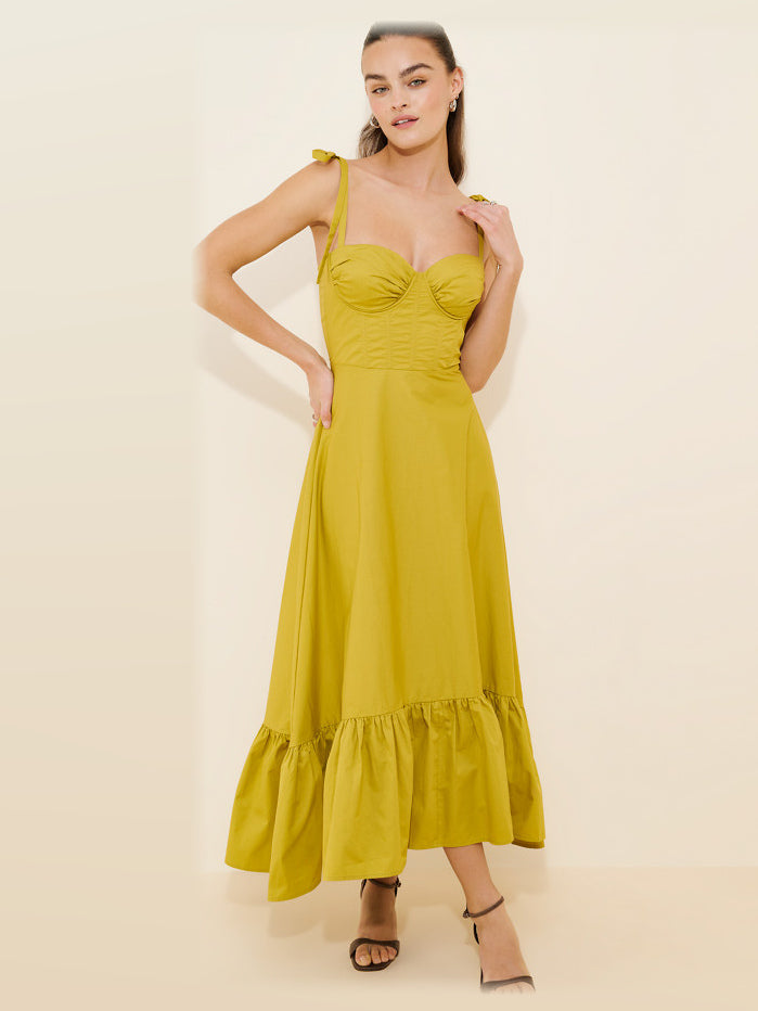 Mustard Yellow maxi formal dress, front full-length view showing the neckline