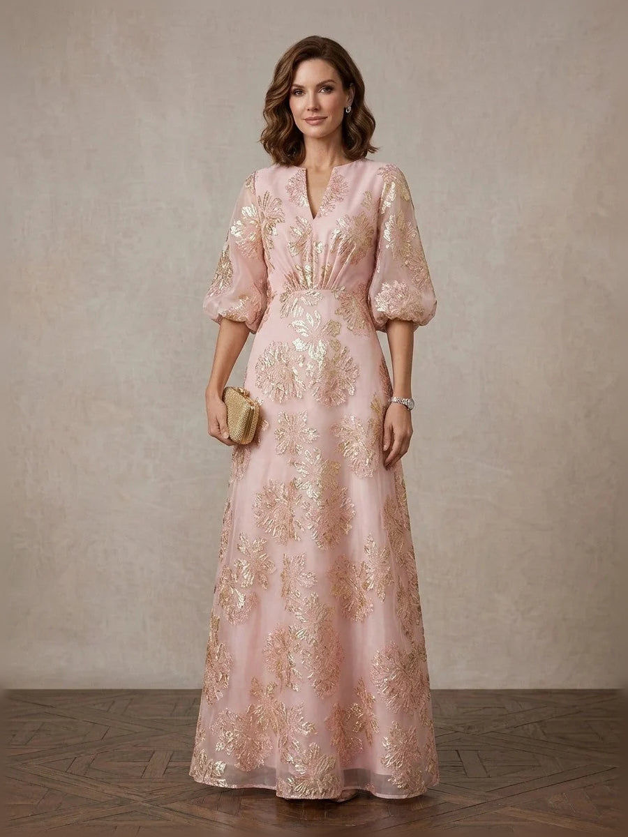 Blush pink floral organza V-neck A-line maxi dress with puff sleeves
