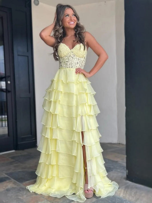 Pale lemon sweetheart A-line ruffle tier maxi dress with side slit