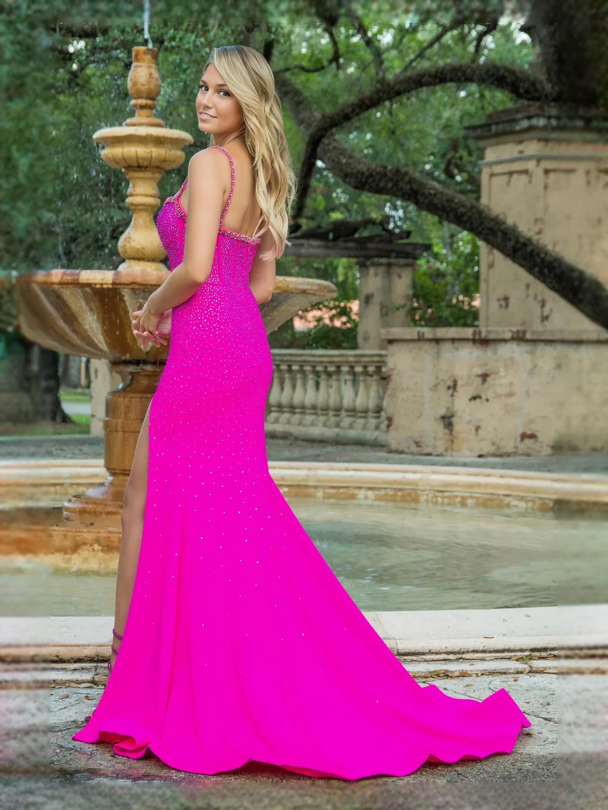 Fuchsia sequin sweetheart corset mermaid prom dress with thigh-high front slit