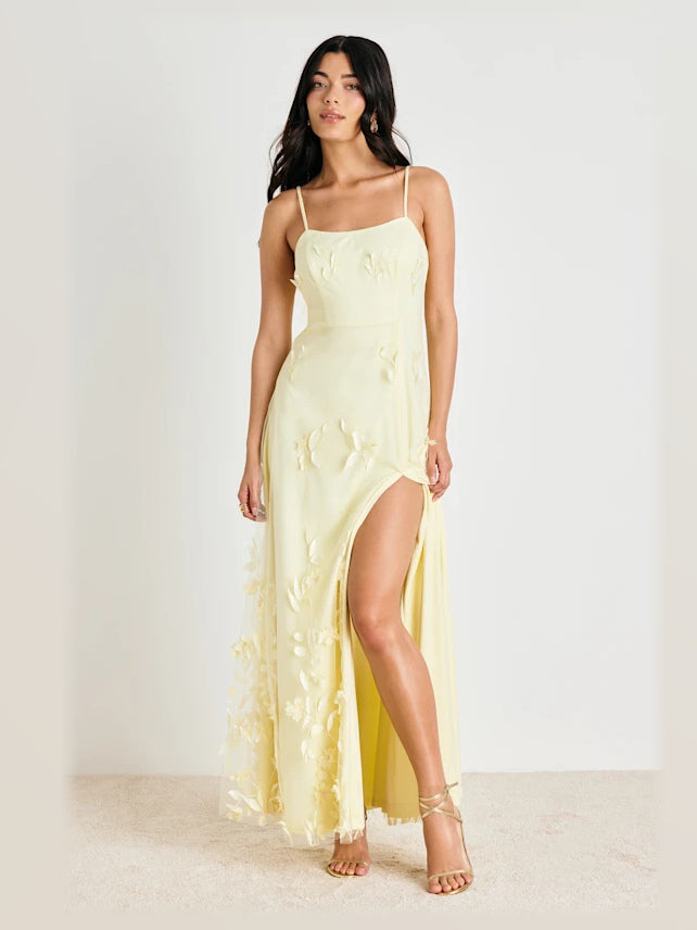 Pale Yellow formal dress with a-line silhouette and maxi length