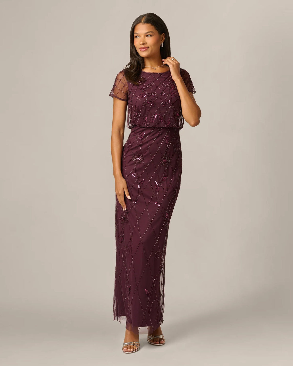 Night plum sequin A-line maxi dress with short sleeves and illusion neckline
