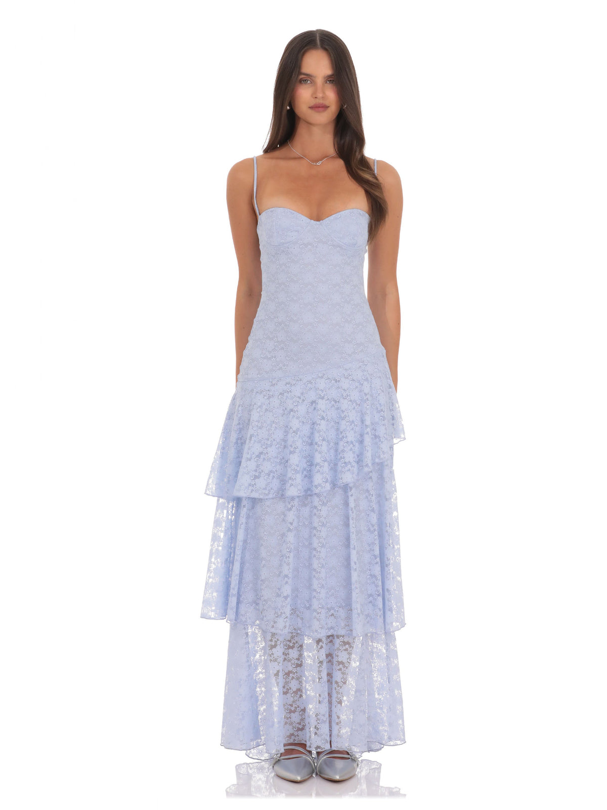 Blue bridesmaid dress with a-line silhouette and maxi length