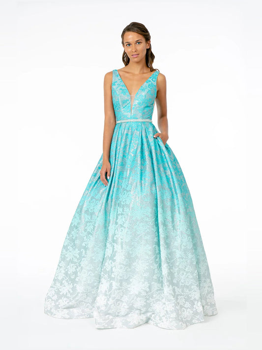Mint green ombre jacquard formal dress with plunging V-neck, A-line skirt, pockets