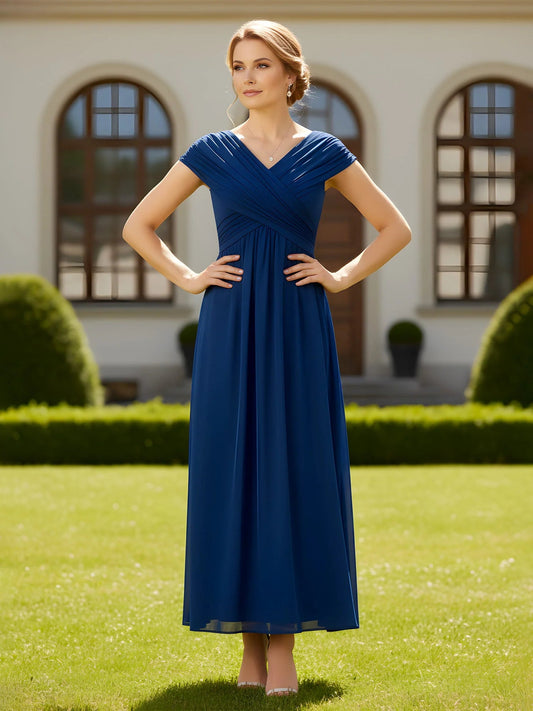 Ink blue V-neck formal midi dress with pleated waist and short sleeves