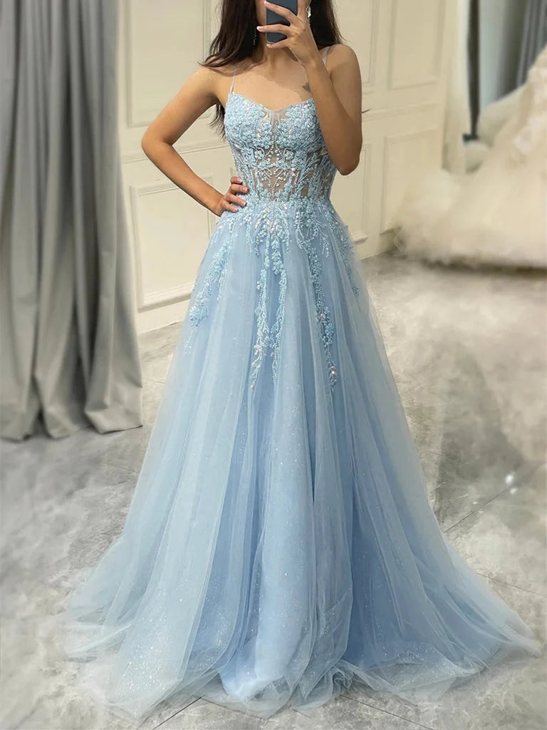 Light blue sweetheart A-line prom dress with jeweled bodice and flowing tulle skirt