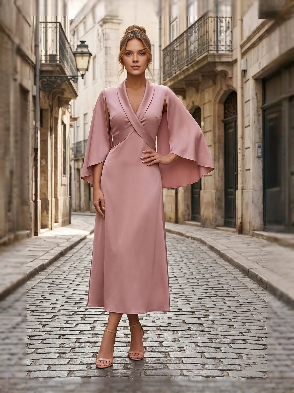 Dusty pink satin midi sheath dress with draped V-neck and cape sleeves