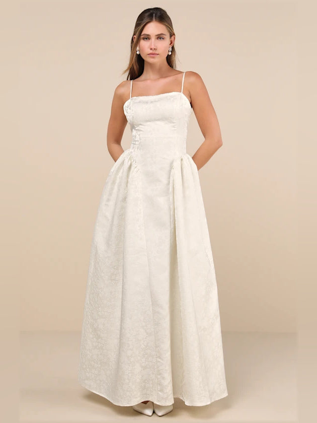 Ivory Floral a-line maxi formal dress with floral print, full-length front view