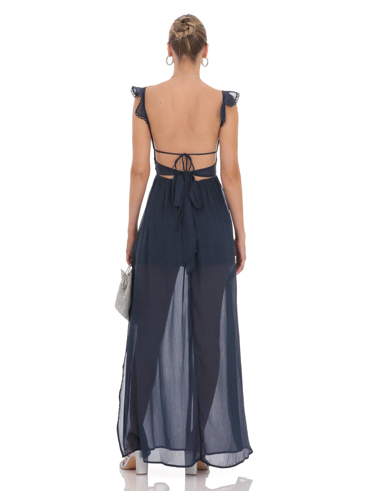 Navy bridesmaid dress with a-line silhouette and maxi length