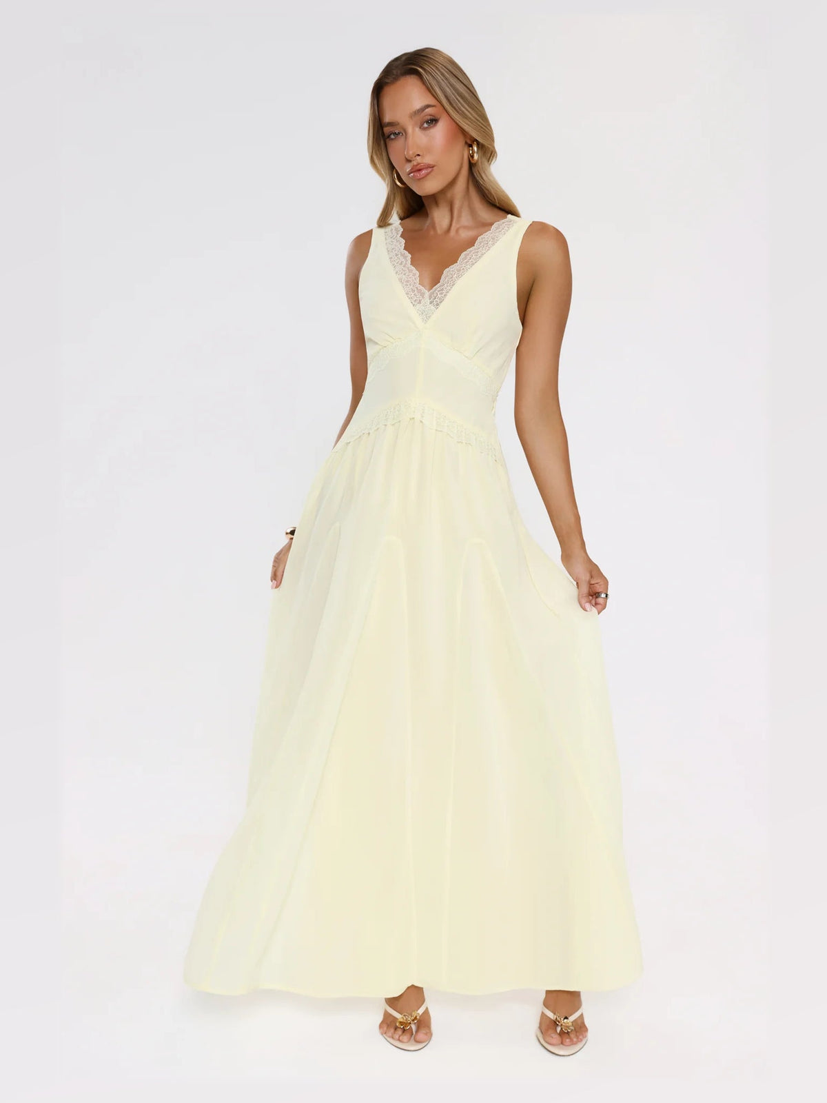 Yellow maxi formal dress, front full-length view showing the neckline