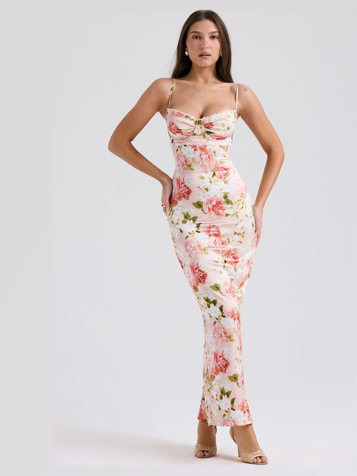 Ivory Pink Floral Print maxi formal dress, front full-length view showing the neckline
