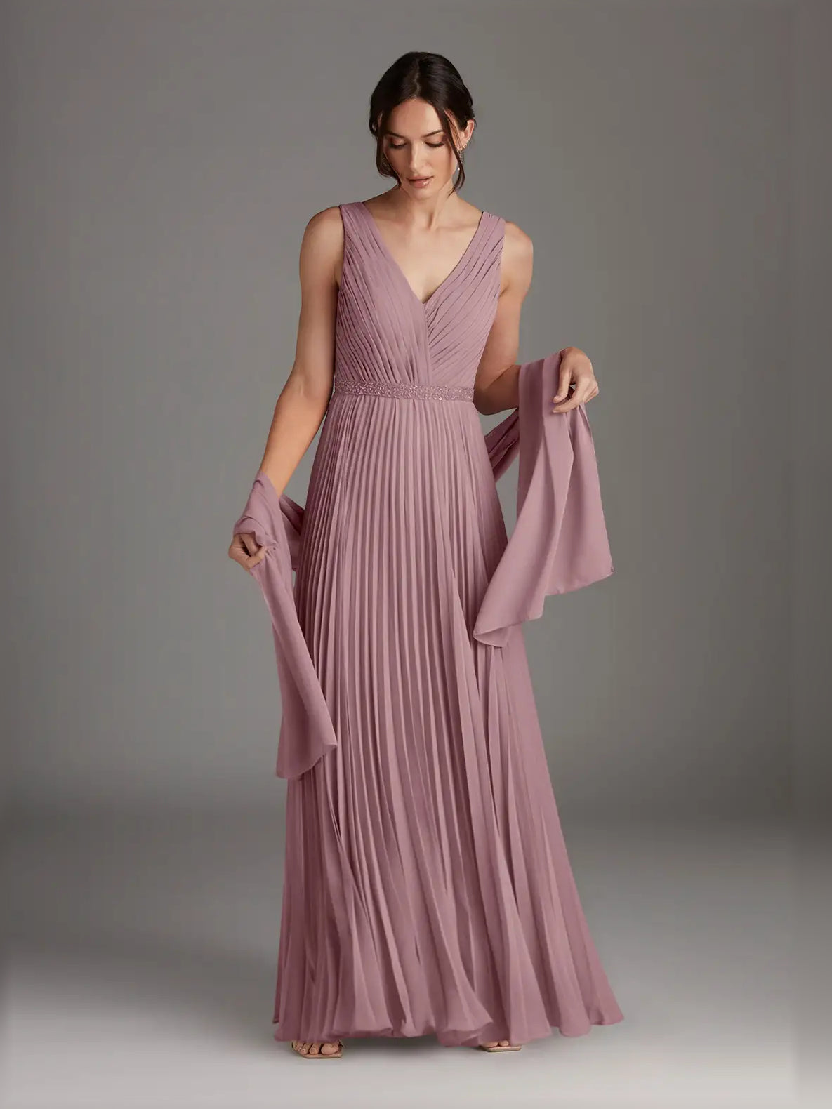 Dusty rose pleated chiffon maxi dress with V-neck and draped chiffon sleeves