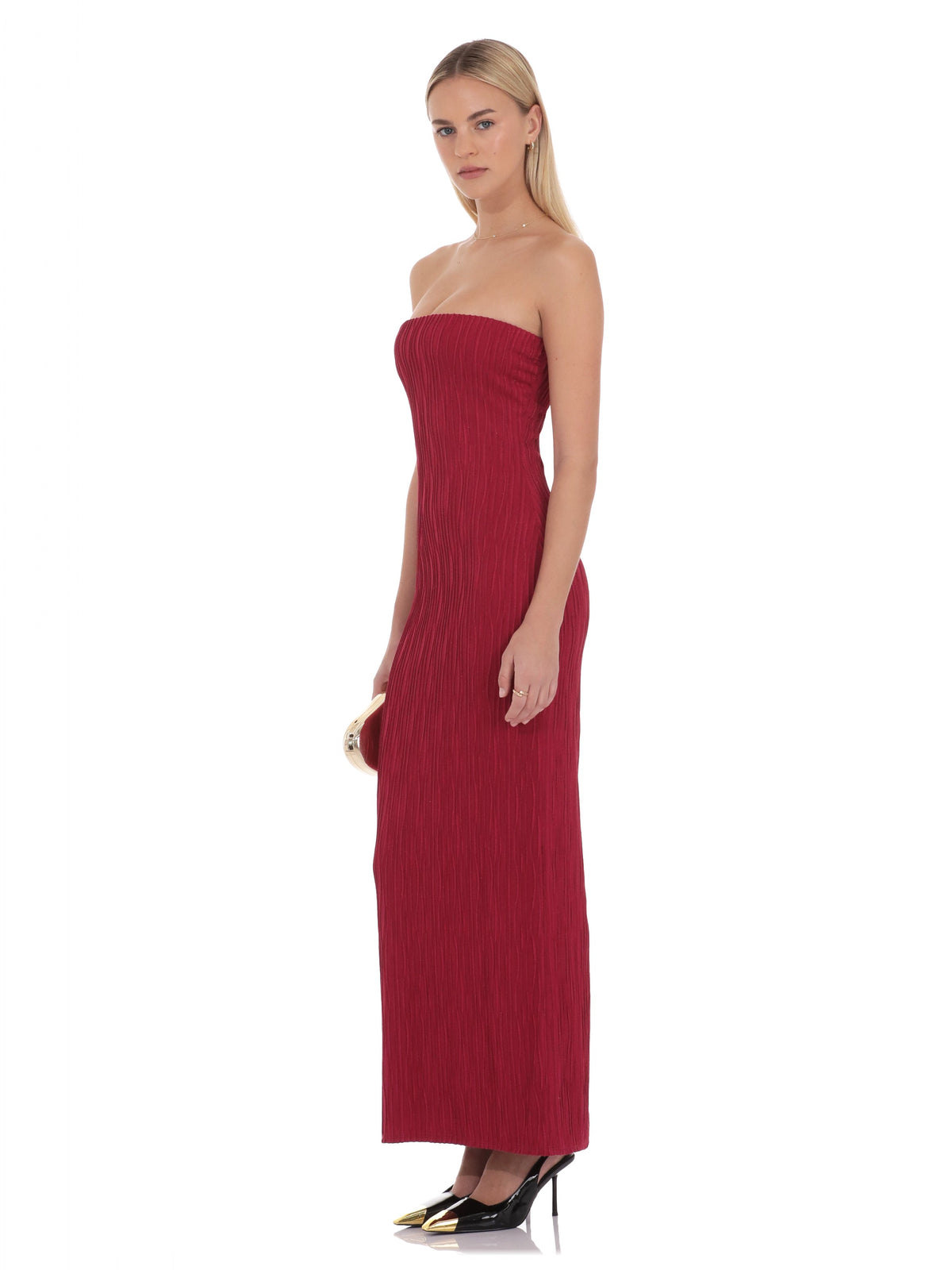 Red bridesmaid dress with a-line silhouette and maxi length