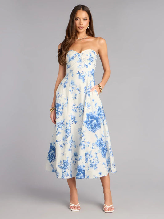 Blue floral print sweetheart A-line midi dress, strapless with bow front