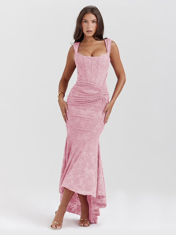 Pink Floral maxi formal dress, front full-length view showing the neckline