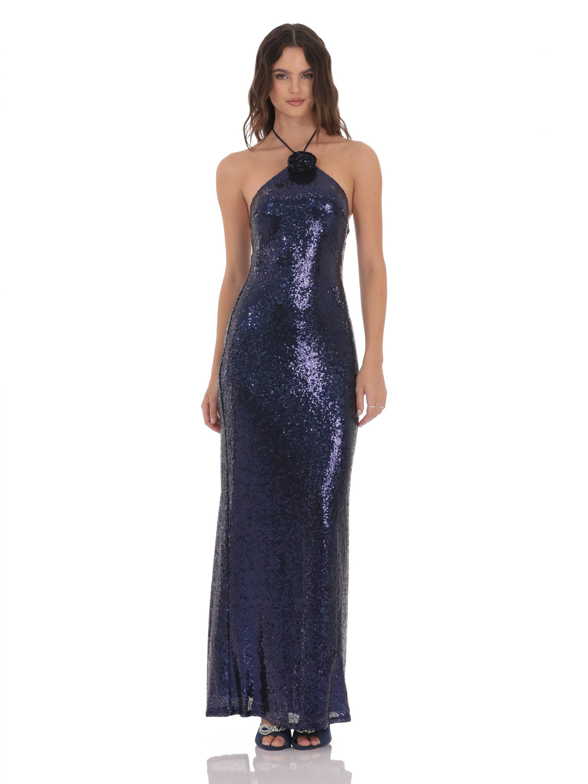 Navy bridesmaid dress with a-line silhouette and maxi length