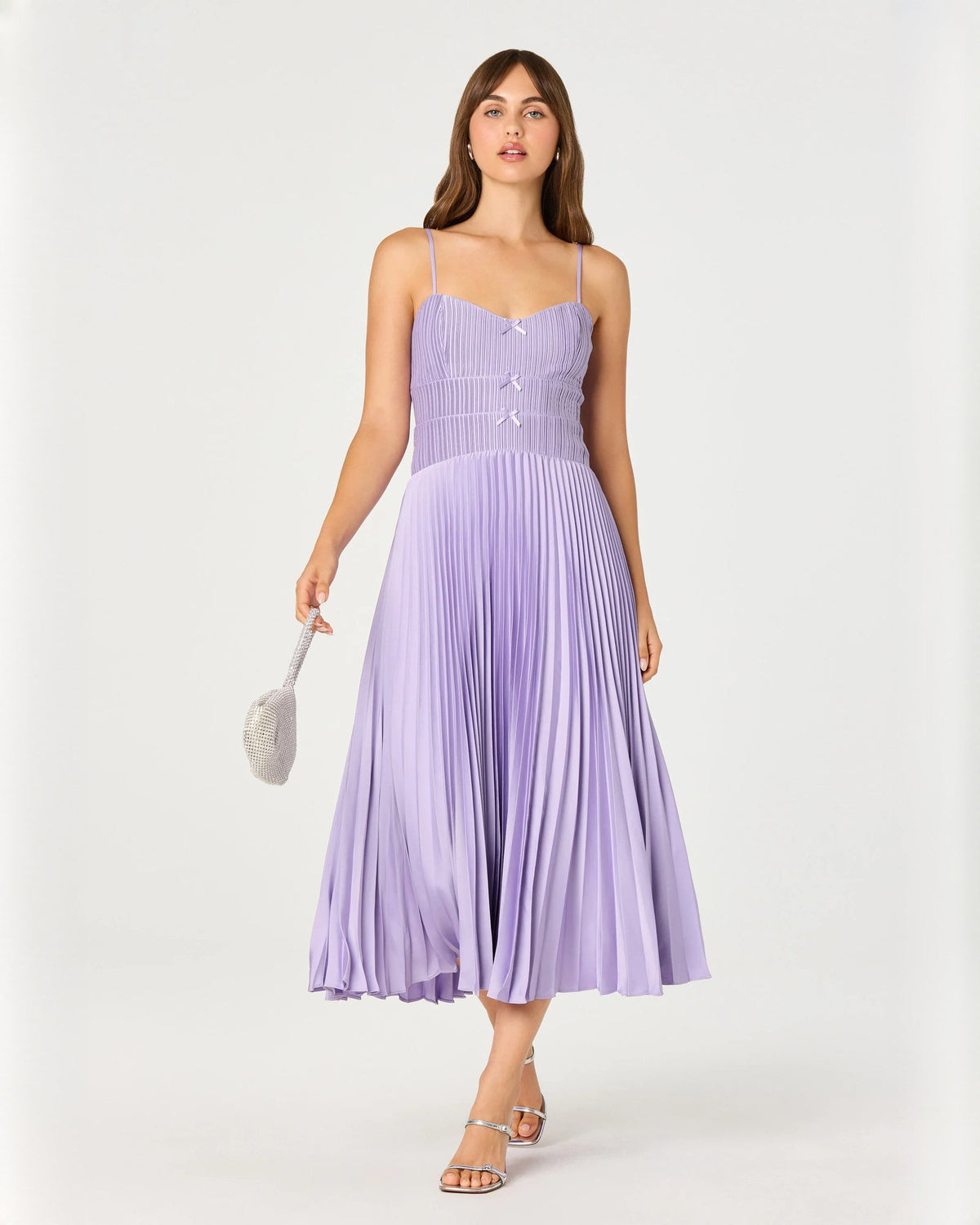 Lilac sleeveless chiffon midi dress, pleated A-line skirt, spaghetti straps and bow detail