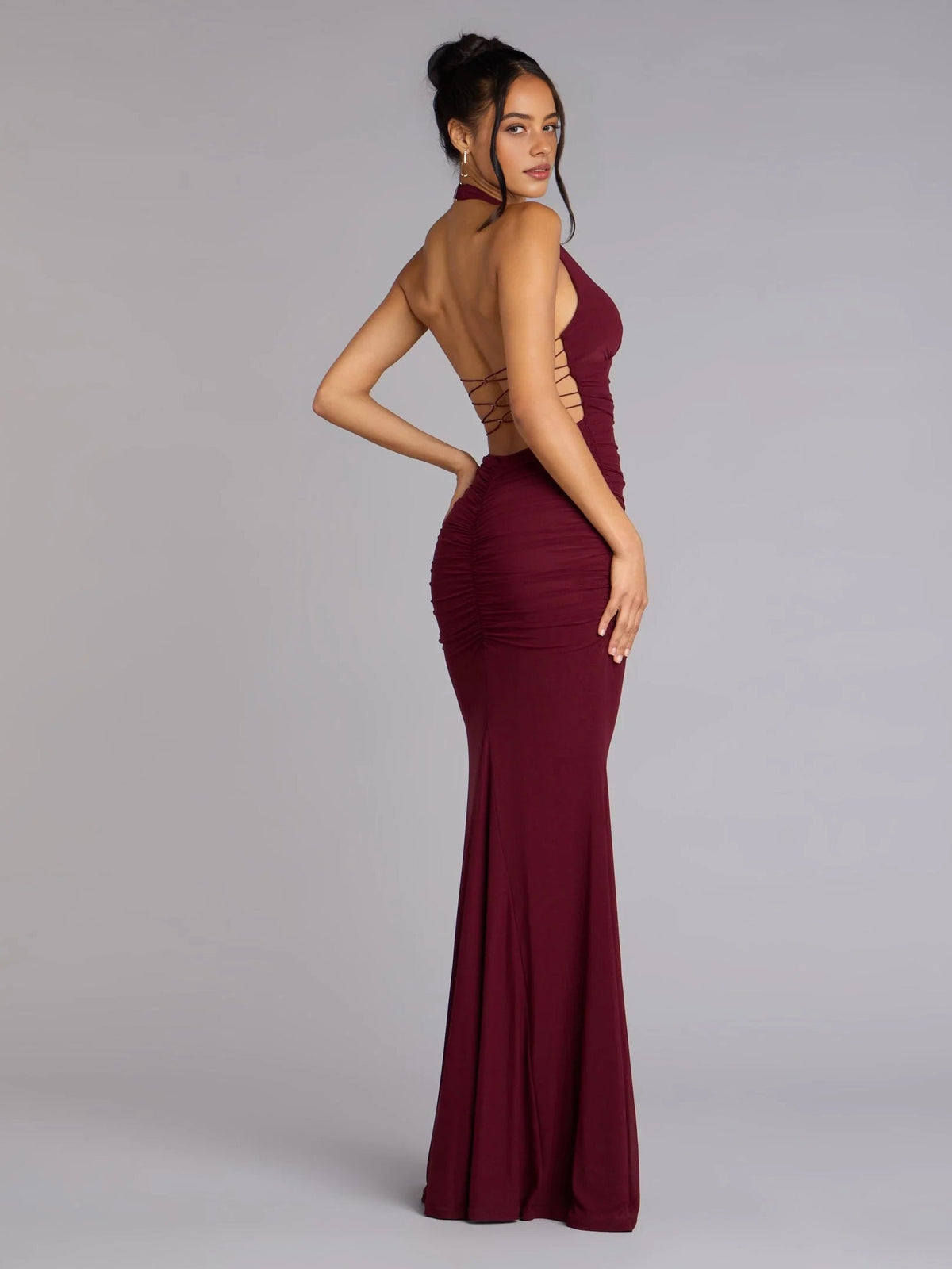Deep red ruched corset V-neck mermaid prom dress with sleeveless jersey floor length