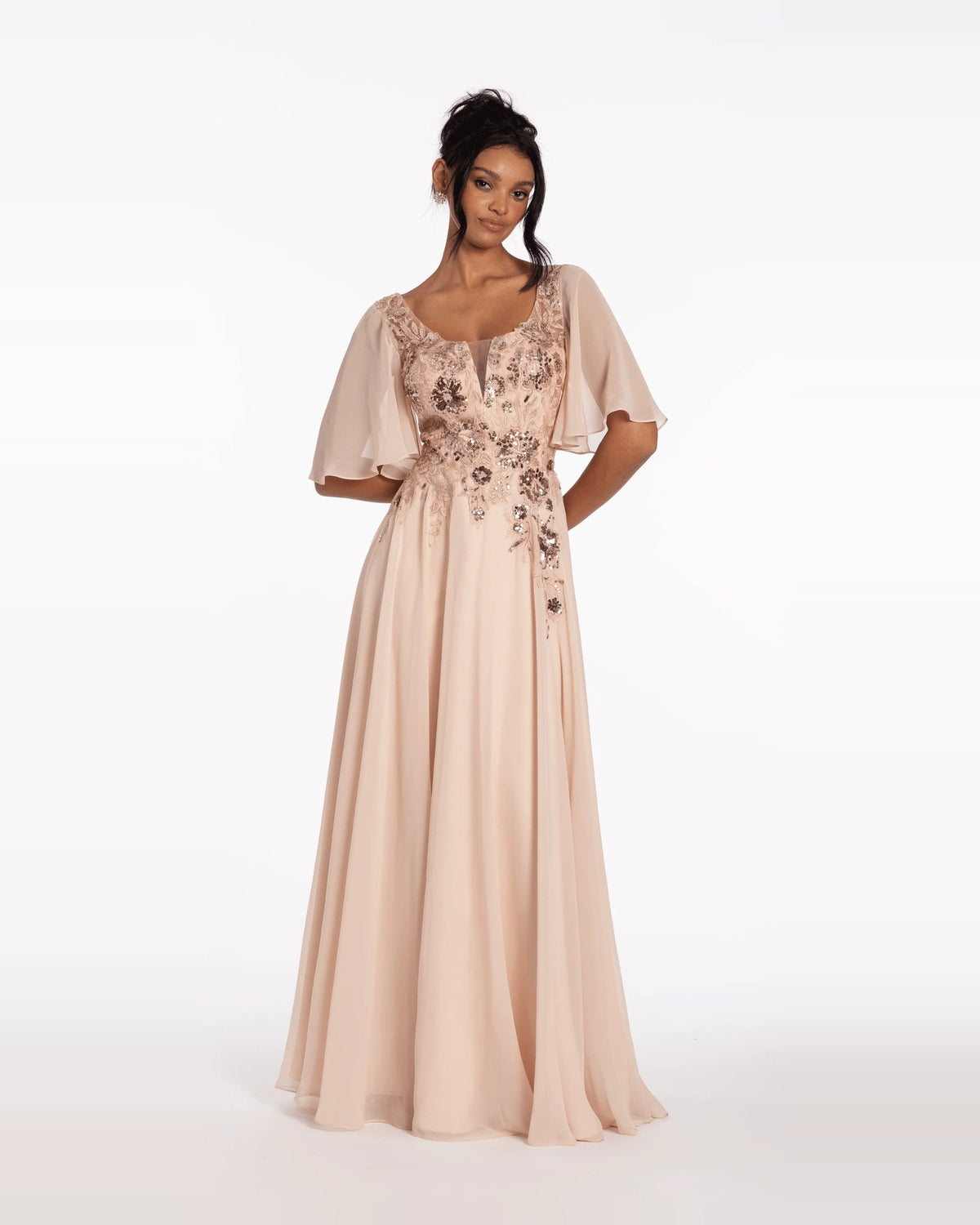 Blush A-line maxi prom dress with sequined scoop neck and flutter sleeves