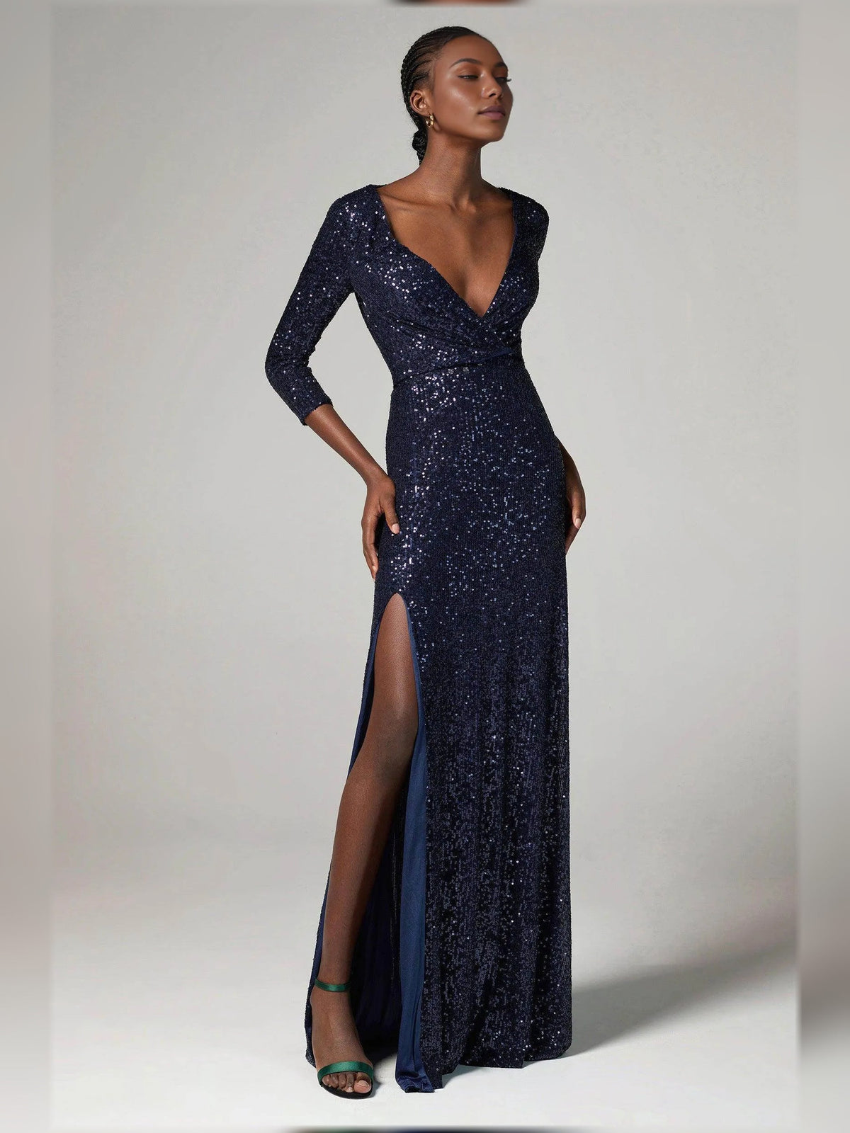 Dark navy sequin V-neck formal dress with thigh-high slit and long sleeves